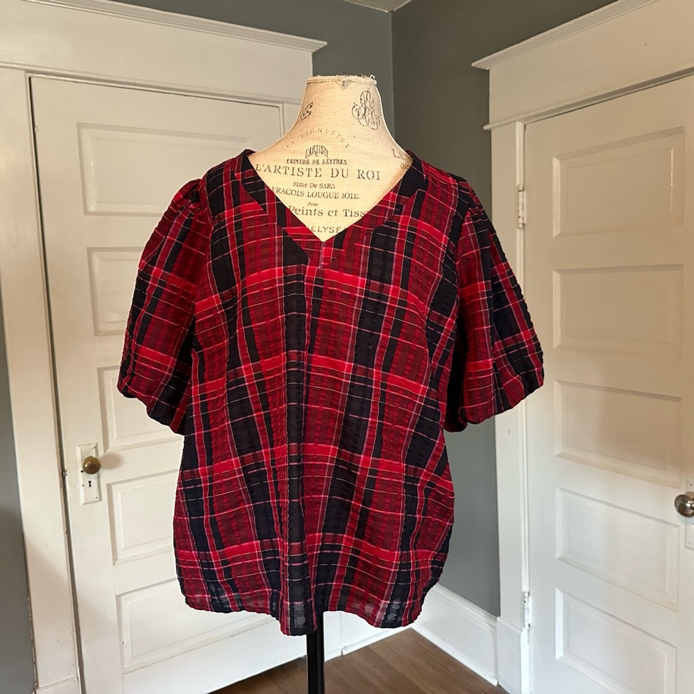 Puffy sleeved plaid blouse